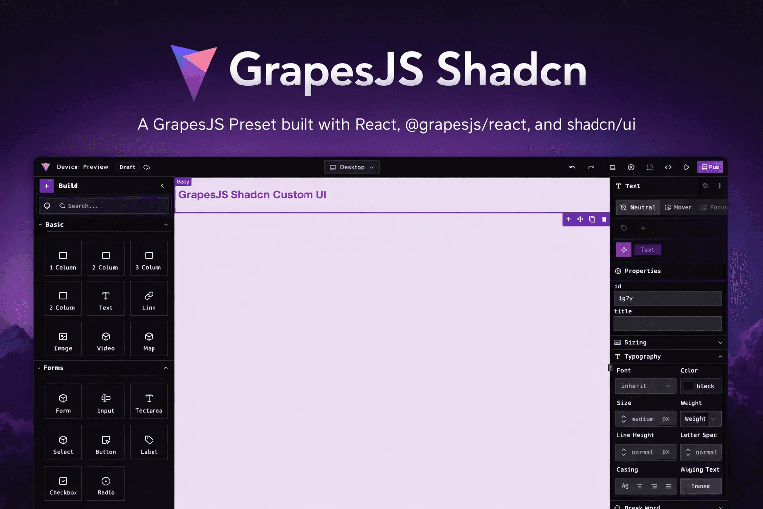 GrapesJS Shadcn