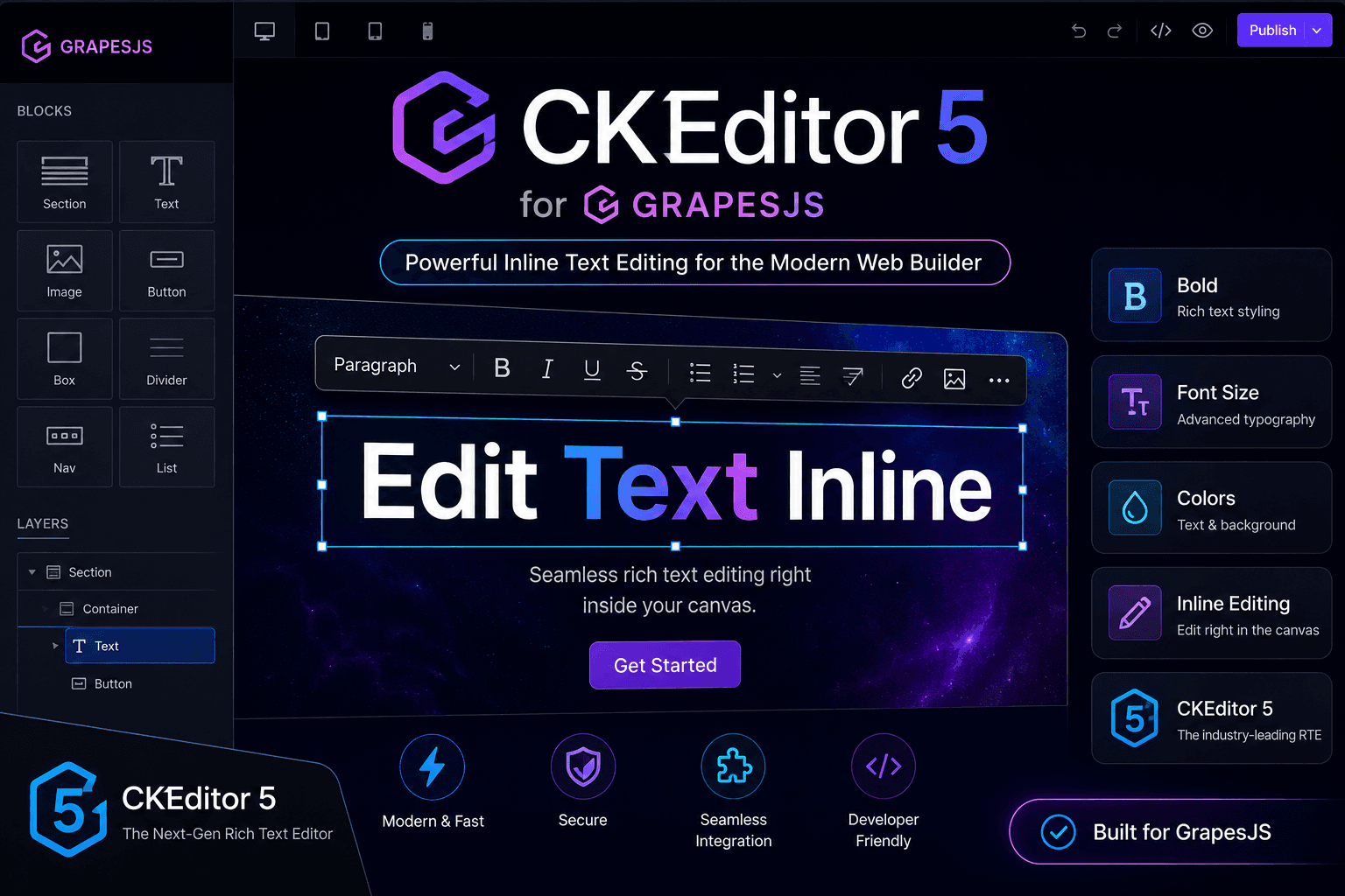 GrapesJS Inline Text Editor — Compatible with CKEditor 5
