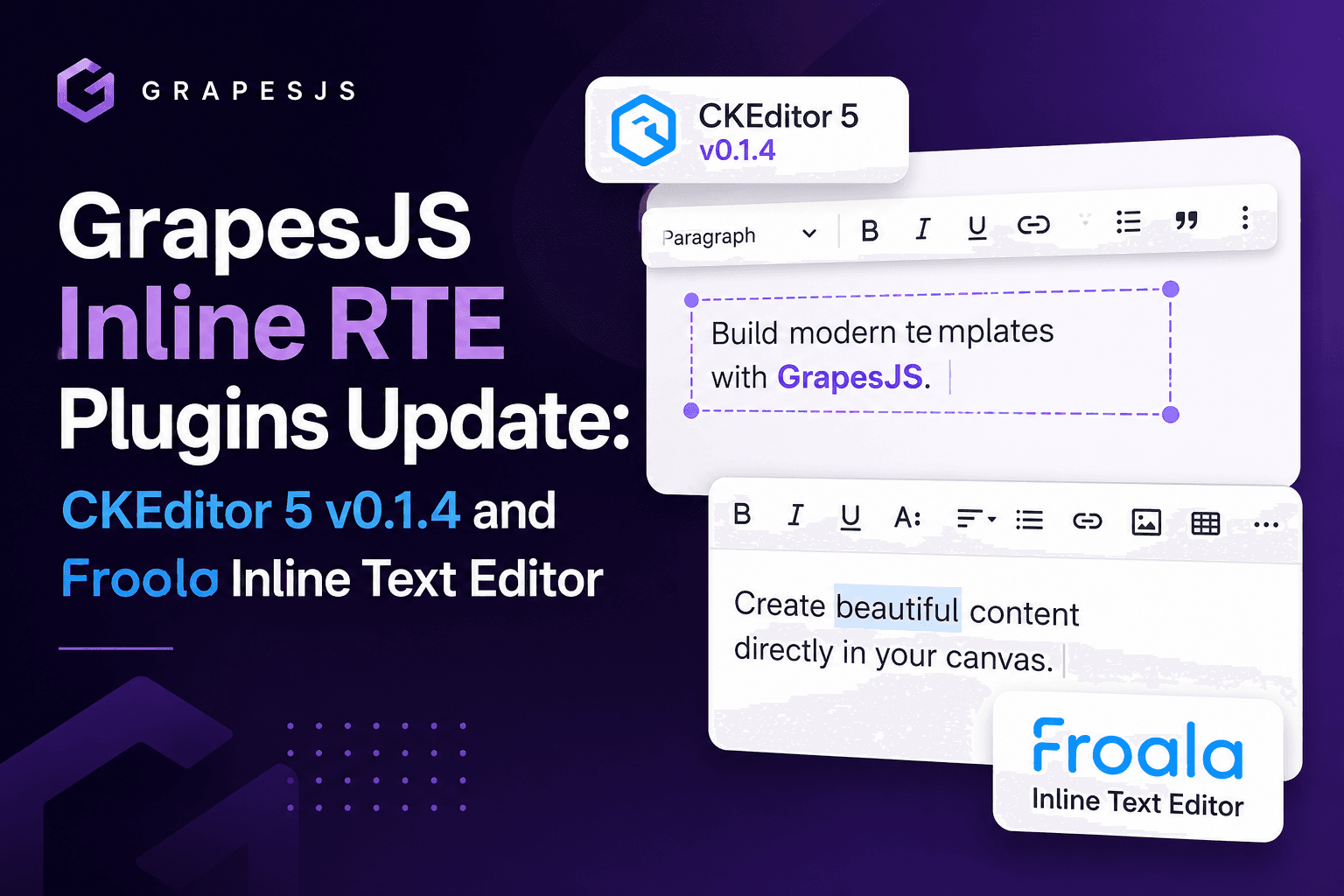 GrapesJS इनलाइन आरटीई प्लगइन्स अपडेट: CKEditor 5 v0.1.4 और Froala इनलाइन टेक्स्ट एडिटर