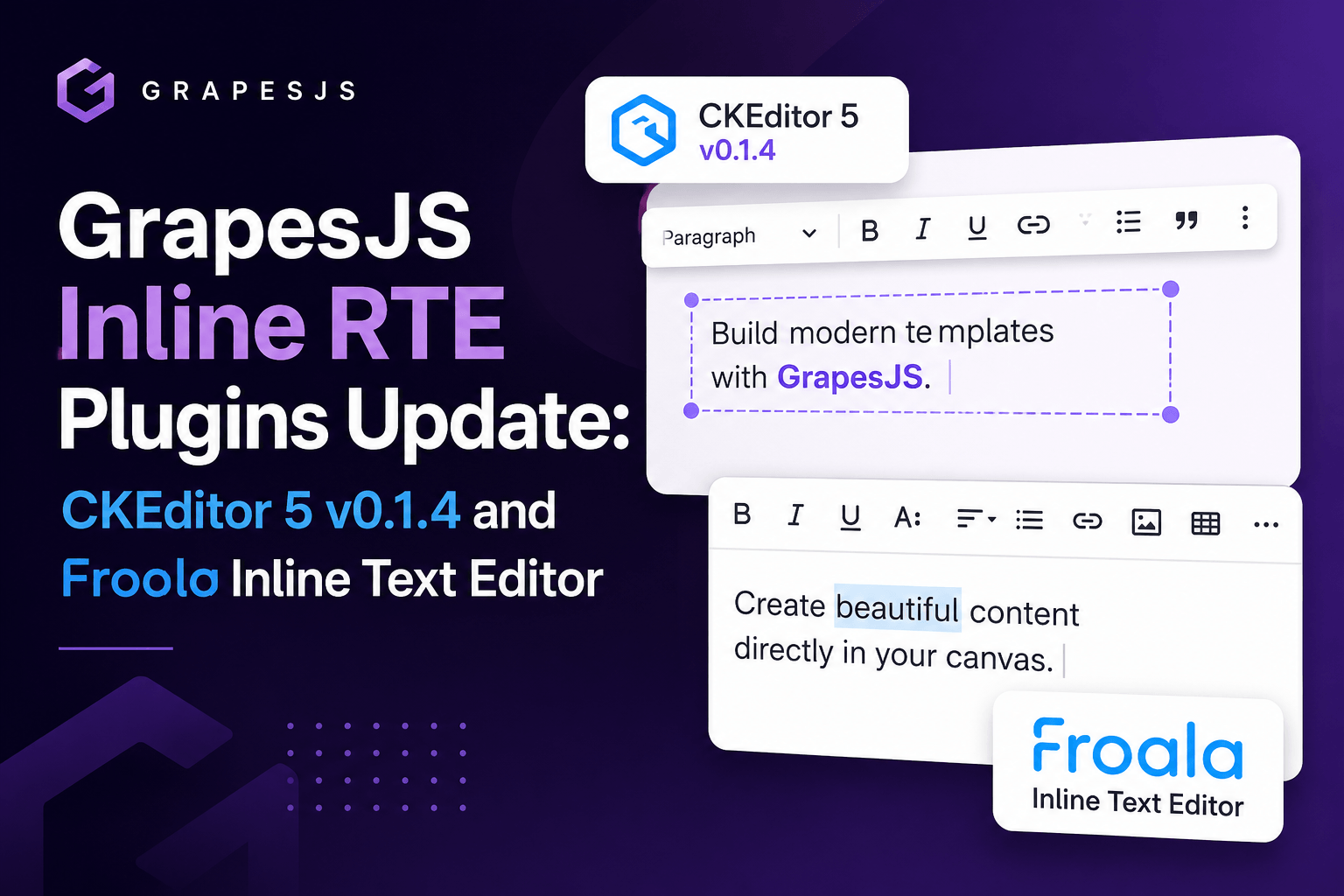 GrapesJS इनलाइन आरटीई प्लगइन्स अपडेट: CKEditor 5 v0.1.4 और Froala इनलाइन टेक्स्ट एडिटर