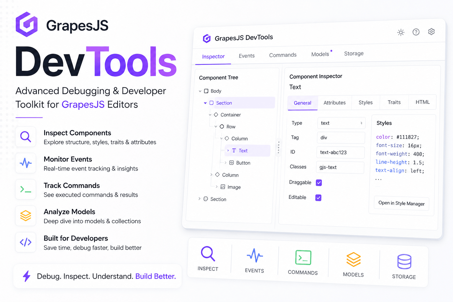 GrapesJS DevTools: आपके संपादक के अंदर एक डेवलपर पैनल
